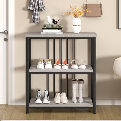 3 Tier Bookshelf, Short Bookcase for Small Space, Modern Wooden and Metal Book Shelf for Living Room Bedroom Office (Light Grey Oak)