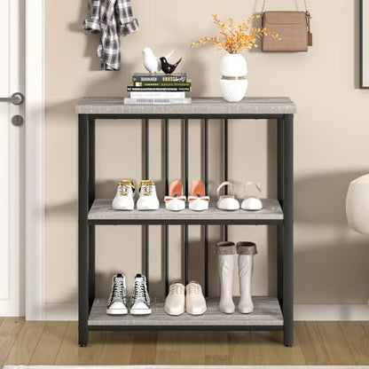3 Tier Bookshelf, Short Bookcase for Small Space, Modern Wooden and Metal Book Shelf for Living Room Bedroom Office (Light Grey Oak)