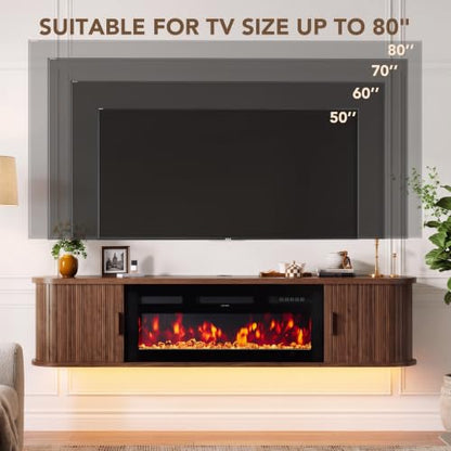 70" Floating TV Stand with Electric Fireplace, Wall Mounted Fireplace TV Stand, view 6