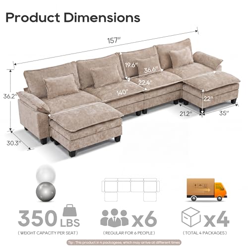 Oversized Modular Sectional Sofa，Khaki：157" U Shaped | Modern Comfy Cloud Couch with Movable Ottoman and Pillow, Deep Seat Couches for Living Room, Bedroom or Apartment