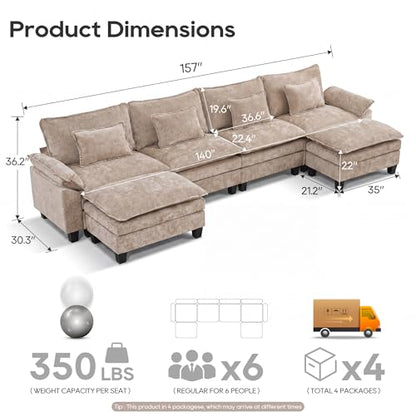 Oversized Modular Sectional Sofa，Khaki：157" U Shaped | Modern Comfy Cloud Couch with Movable Ottoman and Pillow, Deep Seat Couches for Living Room, Bedroom or Apartment