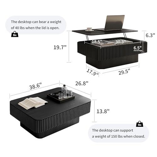 Rectangle Coffee Table with Lifting Top for Living Room Modern Coffee Table with Storage Smart Coffee Tables Lift Up Coffee Tables for Eat Fluted Pedestal Center Tables Apartment 38.6" Black