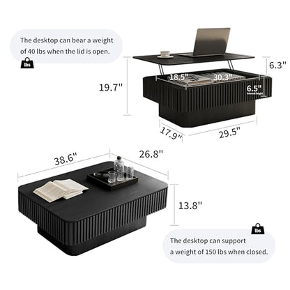 Rectangle Coffee Table with Lifting Top for Living Room Modern Coffee Table with Storage Smart Coffee Tables Lift Up Coffee Tables for Eat Fluted Pedestal Center Tables Apartment 38.6" Black