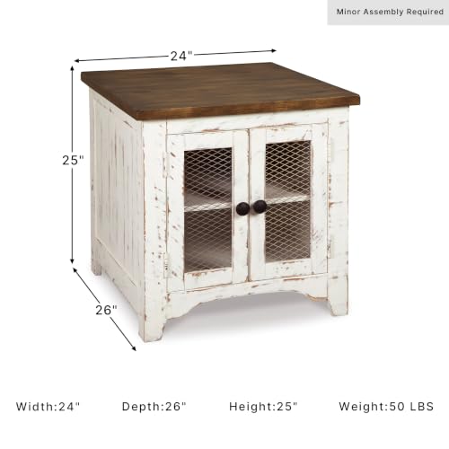 Signature Design by Ashley Wystfield Farmhouse End Table with Storage, Double Door Cabinet, Wood Construction, for Living Room, Distressed White & Brown