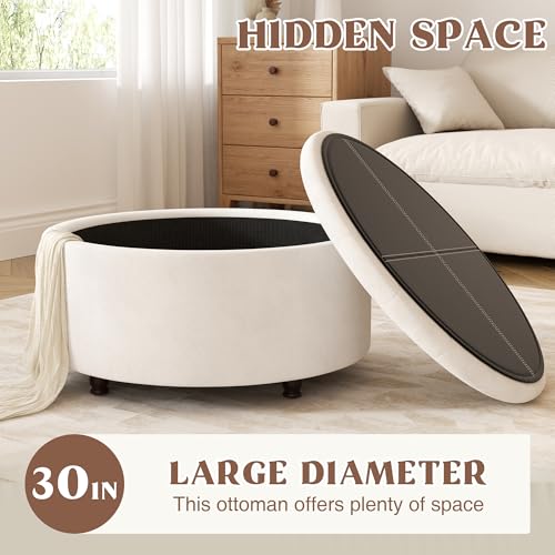 30 Inch Round Storage Ottoman,Modern Tufted Ottomans,Circular Coffee Table with Removable Top,Upholstered Large Ottoman with Storage Footrest Stool for Bedroom Living Room (White)