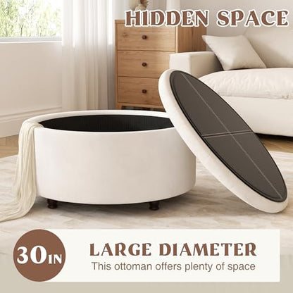 30 Inch Round Storage Ottoman,Modern Tufted Ottomans,Circular Coffee Table with Removable Top,Upholstered Large Ottoman with Storage Footrest Stool for Bedroom Living Room (White)
