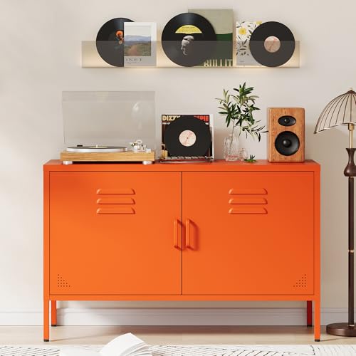 Orange Metal Storage Cabinet with 2 Doors and Adjustable Shelves, view 2