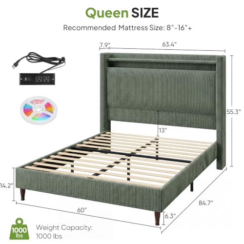 Queen Size Bed Frame with 55.3" Tall Headboard, Corduroy Upholstered,Green, view 3