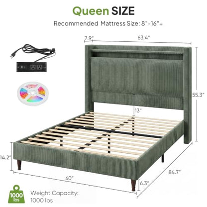 Queen Size Bed Frame with 55.3" Tall Headboard, Corduroy Upholstered,Green, view 3