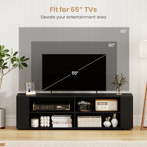 Wood TV Stand for TVs up to 65 Inch Flat Screen, Modern Entertainment Center with 8 Open Shelves, Universal TV Storage Cabinet for Living Room Bedroom, TV Console Table (Pure-Black)