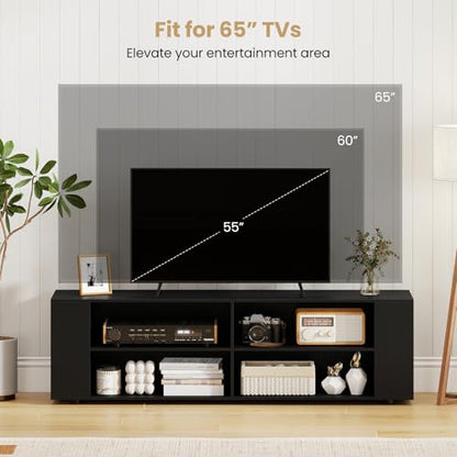Wood TV Stand for TVs up to 65 Inch Flat Screen, Modern Entertainment Center with 8 Open Shelves, Universal TV Storage Cabinet for Living Room Bedroom, TV Console Table (Pure-Black)
