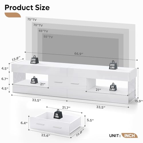 67" Modern TV Stand for 75 Inch TV, LED Entertainment Center, White, view 3