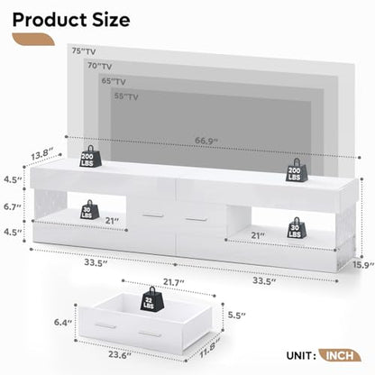 67" Modern TV Stand for 75 Inch TV, LED Entertainment Center, White, view 3