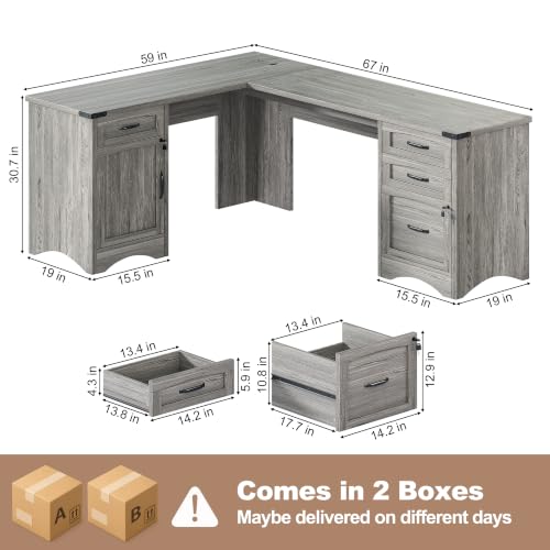 67" L-Shaped Standing Desk, File Cabinet & Charging Station, Grey, view 3