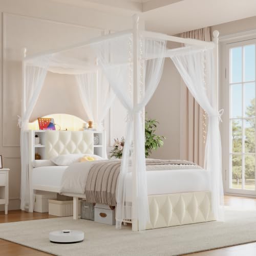 Twin Size Upholstered LED Canopy Bed Frame with 2 Drawers and & Charging Station, view 2