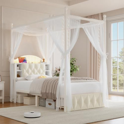 Twin Size Upholstered LED Canopy Bed Frame with 2 Drawers and & Charging Station, view 2