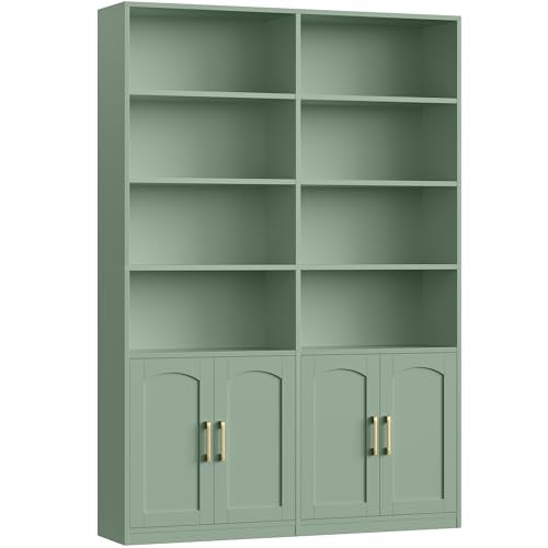 Bookshelf and Bookcase with Doors, 6 Tier Double Wide Large Bookshelves, Open Display Shelves, 73'' Tall Bookshelf with Storage Cabinets for Home Office, Living Room, Library, Green