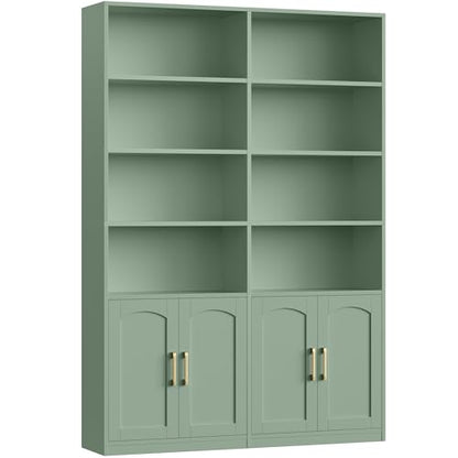 Bookshelf and Bookcase with Doors, 6 Tier Double Wide Large Bookshelves, Open Display Shelves, 73'' Tall Bookshelf with Storage Cabinets for Home Office, Living Room, Library, Green