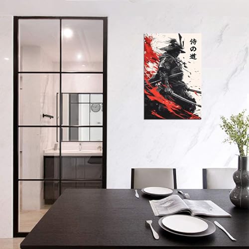 Japanese Bushido Wall Art Samurai Warrior Pictures Wall Decor Canvas Prints Armored Samurai Painting Poster Artwork Modern Home Decor Framed for Bedroom Living Room Office (24''W x 36''H)