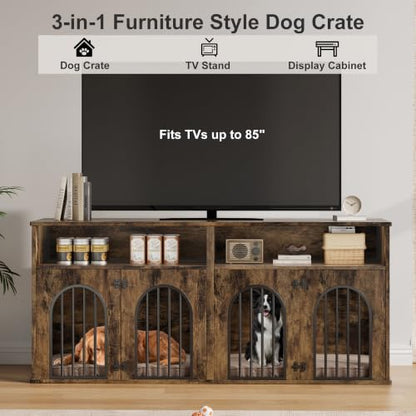 78.7" Double Dog Crate Furniture, Dog Kennel with Storage, Brown, view 8