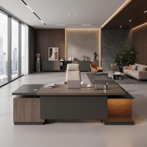 Reversible 84 Inch L Shaped Executive Sit Stand Desk Walnut/Black, view 2