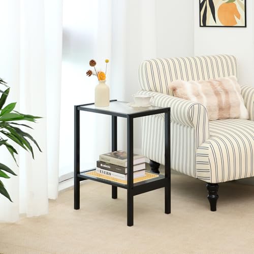 2-Tier Bamboo Side Table, Modern Glasstop Rattan Side Table, Mid Century Wood Sofa-Side End Tables for Living Room, Bedroom Night Stand with Storage, Small Narrow Coffee Tables, Black