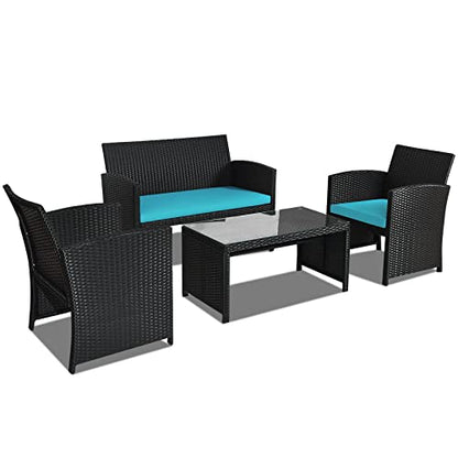 Rattan Patio Furniture Set 4 Pieces, Outdoor Wicker Conversation Sofa and Table Set with Soft Cushions & Tempered Glass Coffee Table for Balcony Garden Backyard (Turquoise)