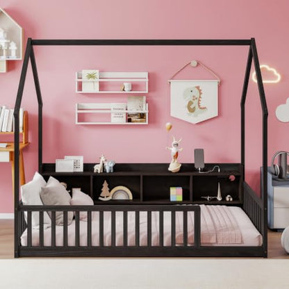 JIVOIT Twin Size House-Shaped Floor Bed with Storage Shelves | Pine Wood Floor Bed, Floor Playhouse Bed Frame, Safety Guardrails, Fence Design, Easy Assemble, No Box Spring Needed