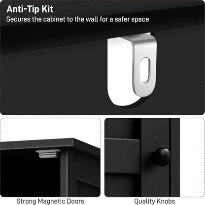 Tall Bathroom Cabinet, Slim Bathroom Storage Cabinet with Adjustable Shelves and 2 Doors, Narrow Floor Storage Cabinet for Bathrooms, Kitchen, Living Room, Black