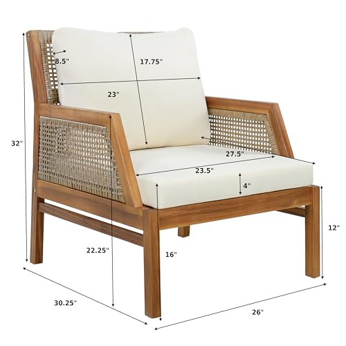 Zura Set of 2 Bohemian Acacia Wood Patio Accent Chair, Lounge Chair Outdoor Set with Wicker Accent, Patio Furniture Single Sofa with Water-Repellent Cushions, Teak+Beige