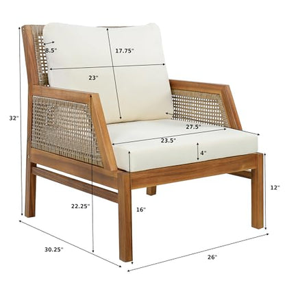 Zura Set of 2 Bohemian Acacia Wood Patio Accent Chair, Lounge Chair Outdoor Set with Wicker Accent, Patio Furniture Single Sofa with Water-Repellent Cushions, Teak+Beige