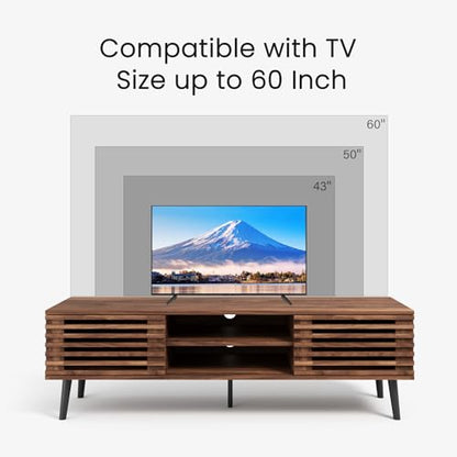 52" Mid Century Modern TV Stand for 50-60 inch TV - Walnut Brown | Farmhouse TV Console with Slatted Sliding Doors, Small Entertainment Center with Spacious Storage for Living Room, Apartment
