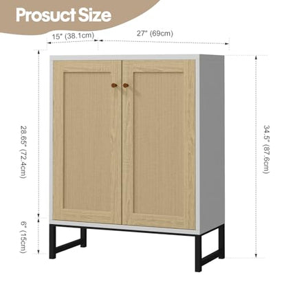 Rattan Decorated 2 Doors Storage Cabinet Accent Cabinet Living Room Cupboard Kitchen Sideboard Buffet Table (White)