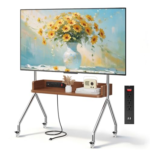 Rolling TV Stand with Power Outlet & Wooden Shelf, view 2