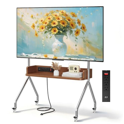 Rolling TV Stand with Power Outlet & Wooden Shelf, view 2