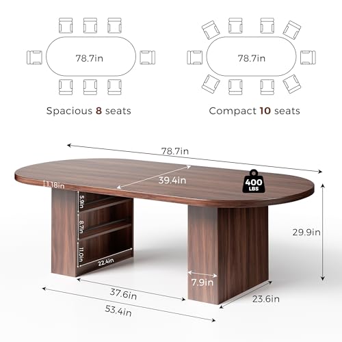 78.7" Dining Table for 6-10 People, Oval Dining Room Table with 3-Tier Storage Shelf, Modern Wood Kitchen Tables with Heavy Duty Pedestal Base for Home, Dining Room, Walnut