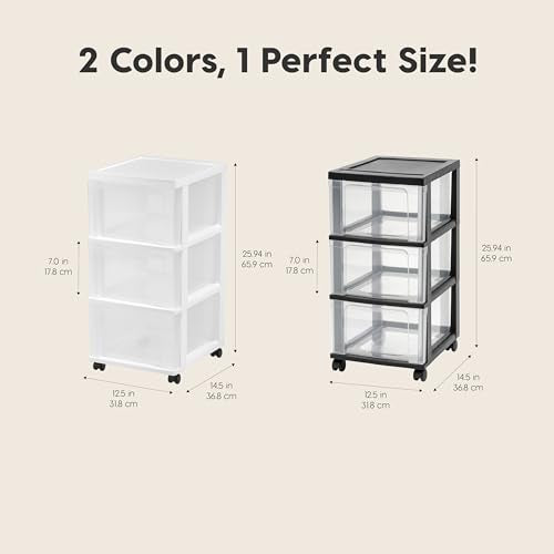 Plastic 3-Drawer Storage Organizer Rolling Cart, with Wheels Casters, 2-Pack, for Classroom Art Supplies Bathroom Dorm Bedroom Laundry Room, Slim Narrow, Black/Clear
