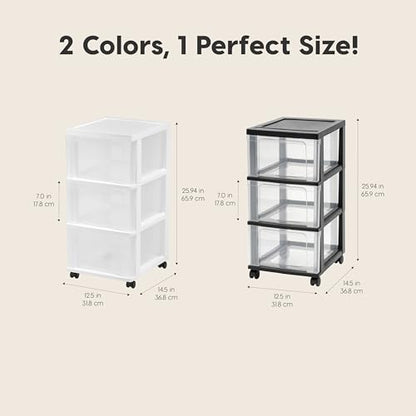 Plastic 3-Drawer Storage Organizer Rolling Cart, with Wheels Casters, 2-Pack, for Classroom Art Supplies Bathroom Dorm Bedroom Laundry Room, Slim Narrow, Black/Clear