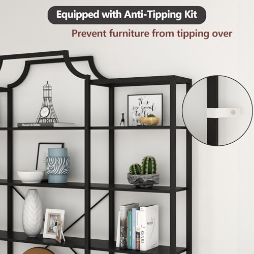 Triple Wide 5-Tier Bookshelf, 70.87" L x 79.13" H Extra Large Bookcase, Tall Open Etagere Display Shelf with Metal Frame, Freestanding Modern Storage Shelves for Home Office (Black)