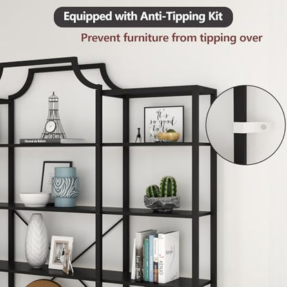 Triple Wide 5-Tier Bookshelf, 70.87" L x 79.13" H Extra Large Bookcase, Tall Open Etagere Display Shelf with Metal Frame, Freestanding Modern Storage Shelves for Home Office (Black)
