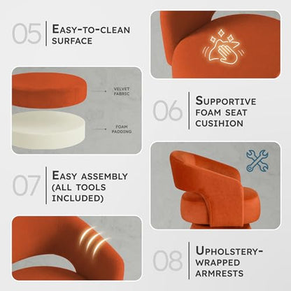 360 Degree Swivel Accent Chair, Modern Comfy Velvet Round Barrel Chair, Open Back, Plush Foam Cushions, Metal Swivel Base for Living Room/Bedroom/Office/Small Spaces, Orange