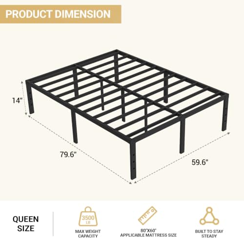 14" Queen Bed Frame Sturdy Metal Platform for More Storage No Box Spring, view 3