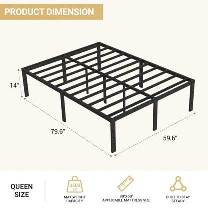14" Queen Bed Frame Sturdy Metal Platform for More Storage No Box Spring, view 3