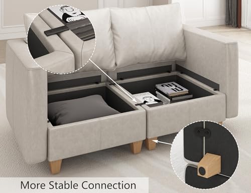 Faux Leather Sectional, Modular Sectional Sofa with Storage, Leather Couch U Shaped Couches for Living Room, Whitesand