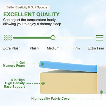 | 5 Inch Twin Mattress | Medium Firm | Gel Memory Foam Mattress | White | Bed in a Box, CertiPUR-US Certified | Pressure Relief, Cooling Ventilated Foam | Washable Removable Cover