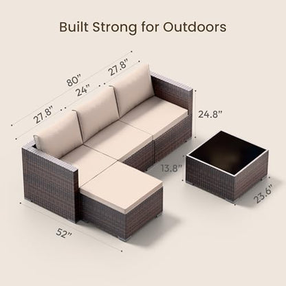 Patio Furniture Set - All-Weather -5 Piece Outdoor Patio Conversation Couch Sets, Modular Wicker Rattan Sectional Sofa for Garden, Patio, Poolside, Backyard, Balcony, Porch,Khaki