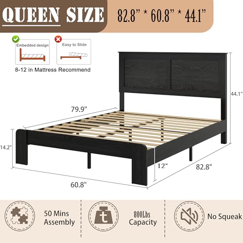 Wooden Bed Frame Queen Size with Headboard, Farmhouse Platform Bed, view 3