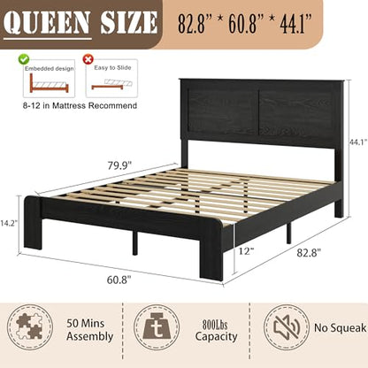 Wooden Bed Frame Queen Size with Headboard, Farmhouse Platform Bed, view 3