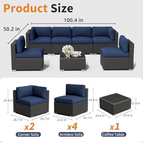 7-Piece Outdoor Patio Furniture Sofa Set Black Rattan Wicker Sectional Conversation Sets with Glass Top Table and Cushions(Dark Blue)