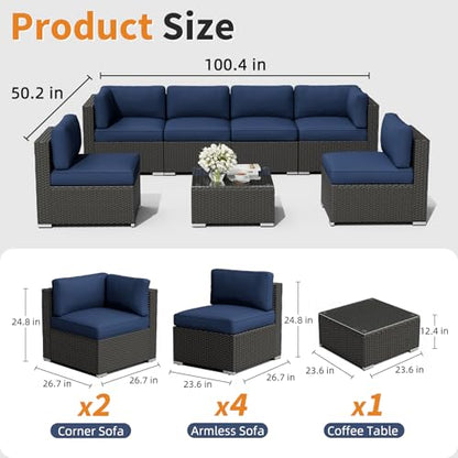 7-Piece Outdoor Patio Furniture Sofa Set Black Rattan Wicker Sectional Conversation Sets with Glass Top Table and Cushions(Dark Blue)